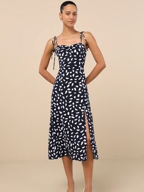 Lulus Party In Paris Navy Blue Print Tie-strap Midi Dress - Size M